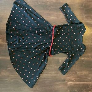 Comfy & Fitted Black Fitted Jersey Dress with Apple Design & Red Leather Belt